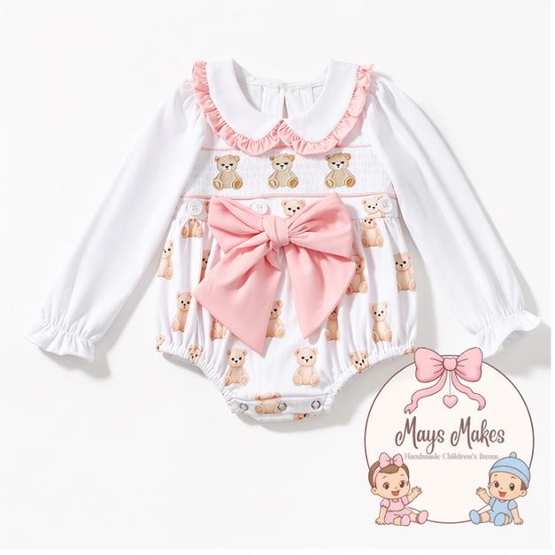 Girls Teddy Bear Smocked Romper & Socks