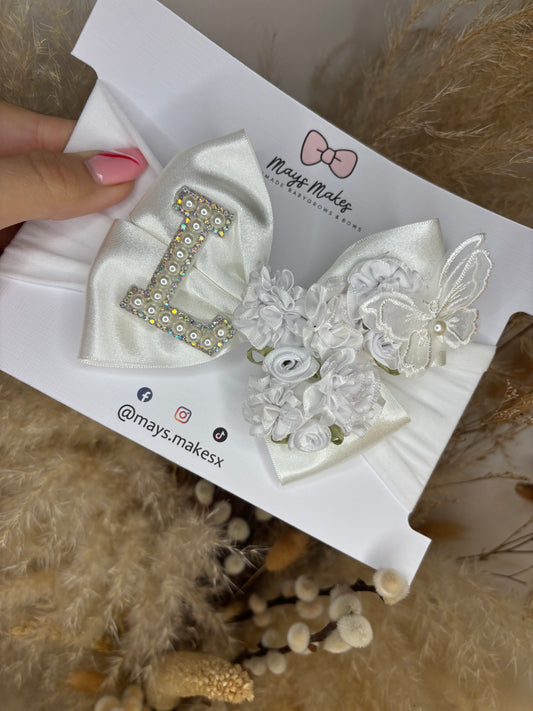 Flower Initial Bow - White