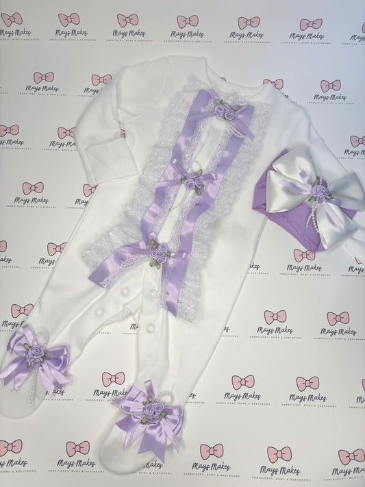 Lilac Rosebud Frilly Sleepsuit Set