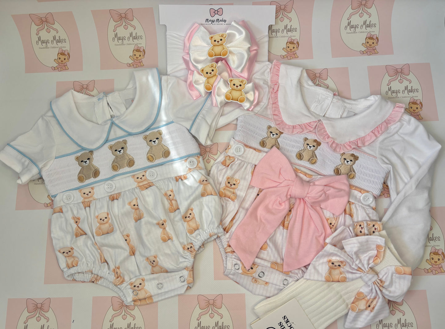 Girls Teddy Bear Smocked Romper & Socks