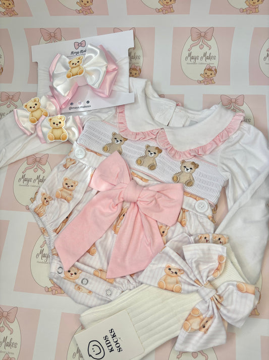 Girls Teddy Bear Smocked Romper & Socks
